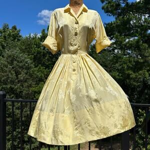 Vintage 50s Miss Serbin Silk Floral Jacquard Full Skirt Pleated Shirtwaist Dress